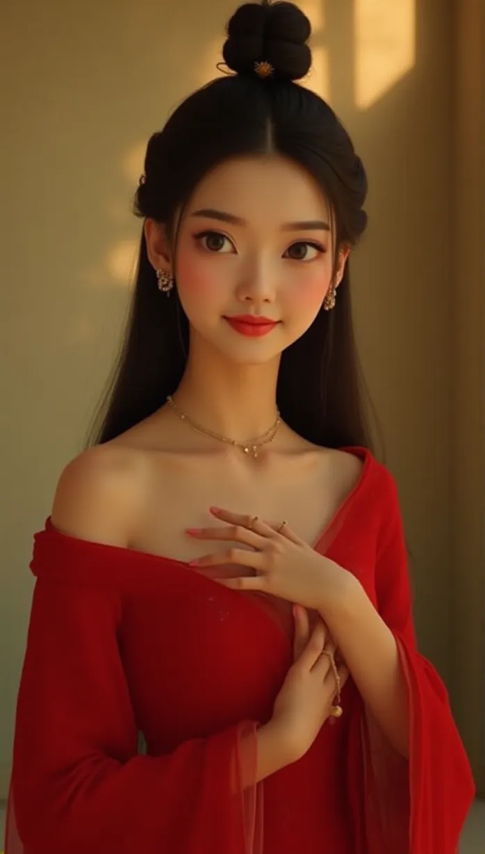 Image female, young, long hair, hair bun, black hair, brown eyes, fair skin, slim body, ancient chinese clothing, red dress, off shoulder, jewelry, gentle smile, looking away, hand on chest, romantic, sunset, ancient chinese garden, detailed, masterpiece, best quality
