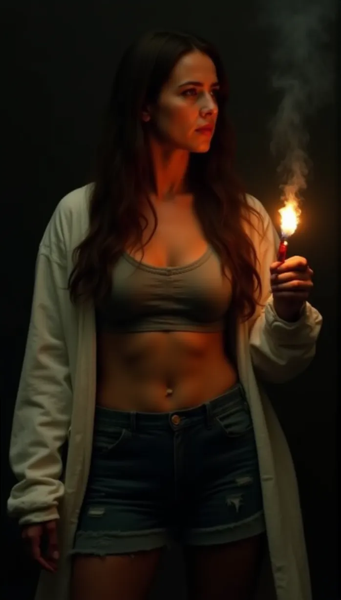 Image female, mid-adult, long hair, wavy hair, brown hair, light skin, athletic body, lab coat, torn clothes, holding a smoking signal flare, looking away, pensive, desperate, underground bunker, smoke, dramatic lighting, masterpiece, best quality, detailed