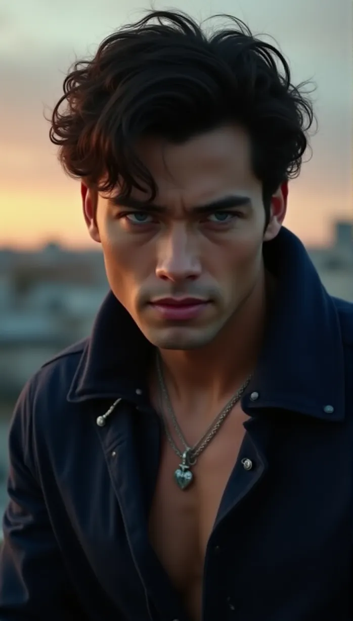 Image male focus, upper body, ice manipulation, alluring, seductive, teasing, side glance, blue eyes, black hair, fair skin, athletic build, dark blue jacket, silver pendant, urban rooftop, sunset, detailed, masterpiece, best quality, dynamic pose