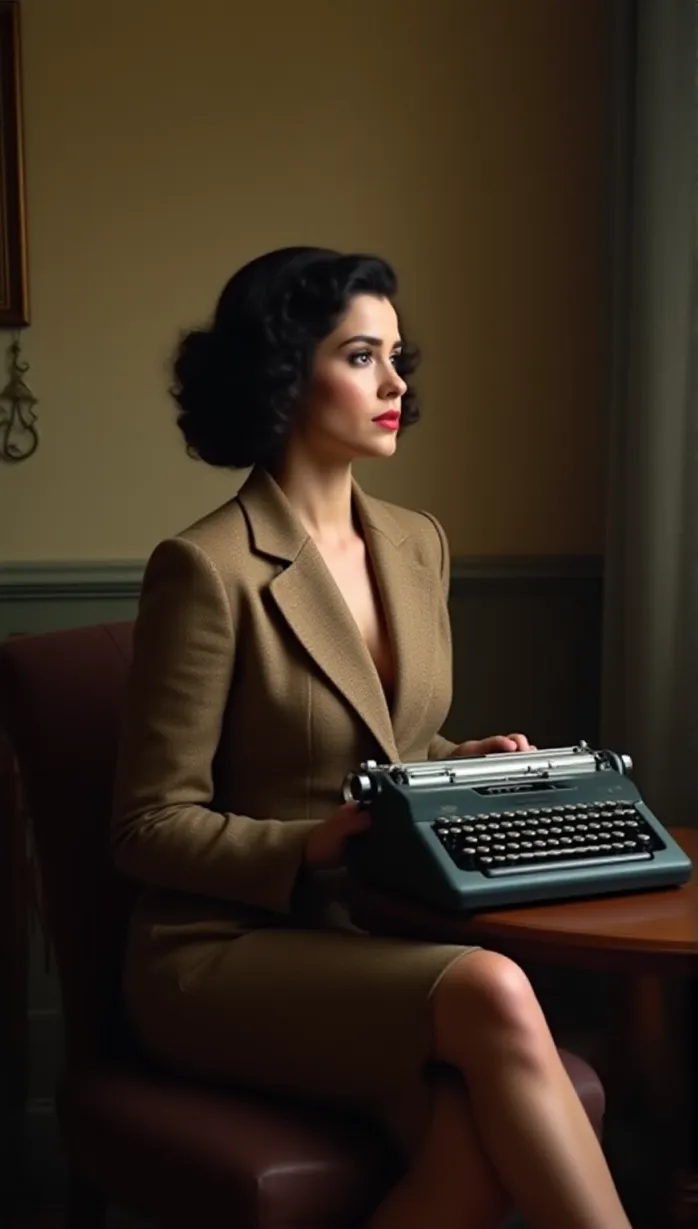Image masterpiece, best quality, detailed, solo, female, 35 years old, curly hair, brown eyes, fair skin, hourglass figure, classy outfit, tweed blazer, pencil skirt, typewriter, sitting, looking away, seductive pose, tempting, soft lighting, indoors, afternoon, vintage room, 1930s style, retro, dreamy atmosphere