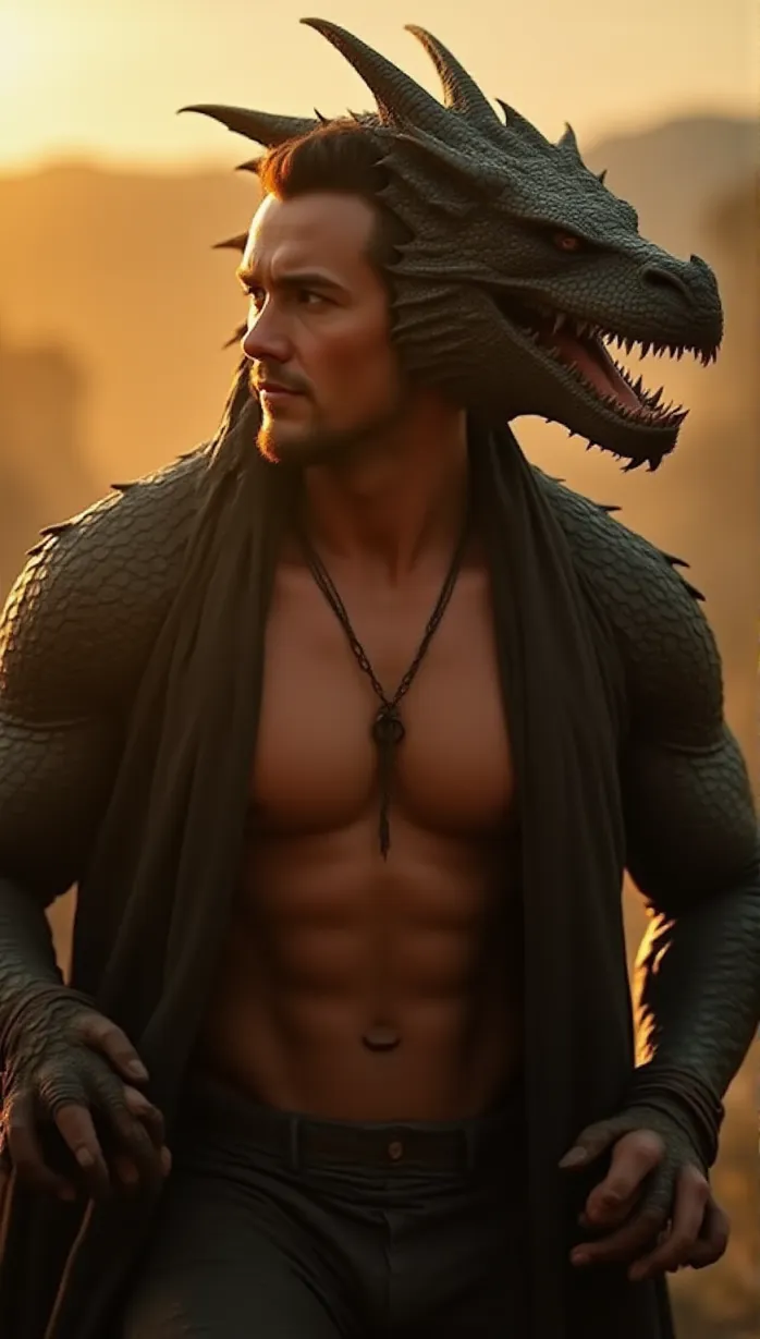 Image male dragon, looking away, scales, sharp claws, seductive pose, exposed chest, playful expression, dynamic pose, battlefield, sunset lighting, detailed, masterpiece, best quality
