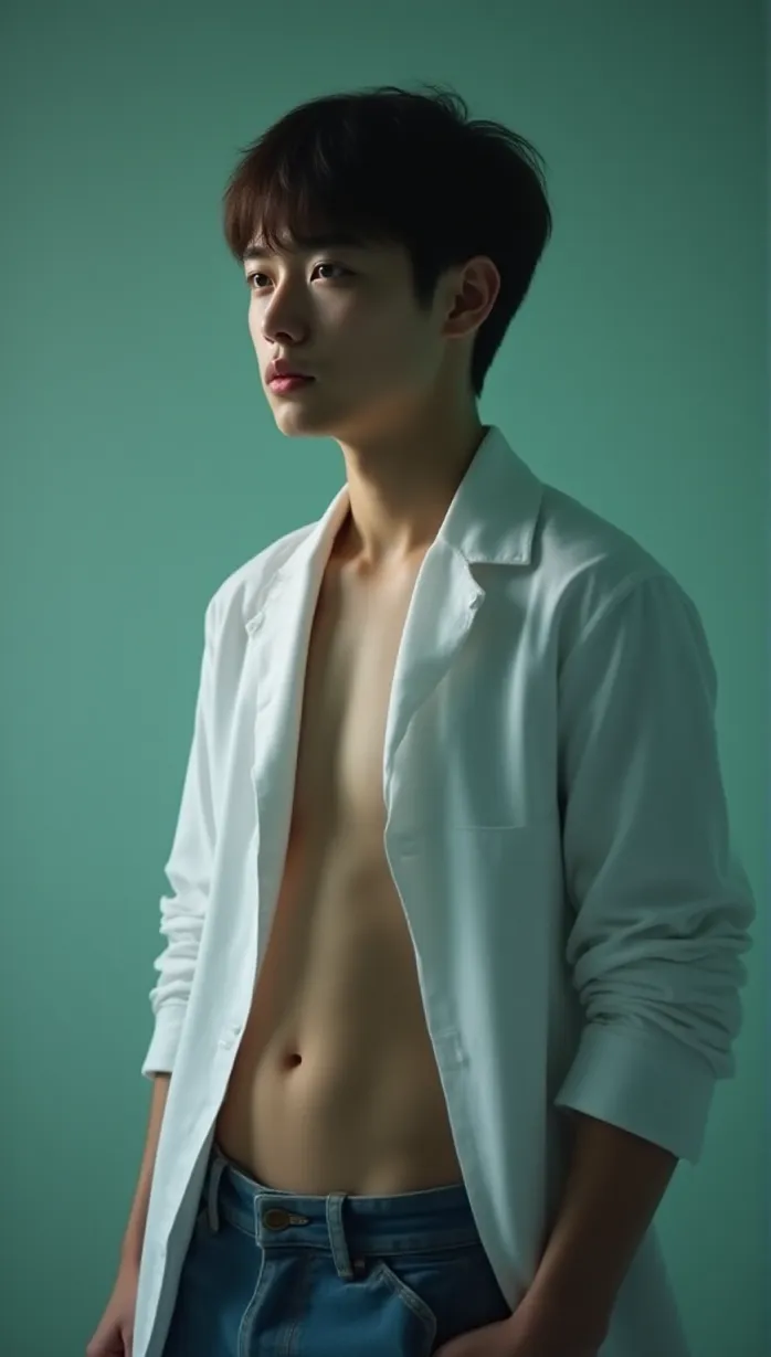 Image male, teen, short hair, light skin, athletic body, lab coat, looking away, standing, seductive pose, soft lighting, clinic, detailed, masterpiece, best quality