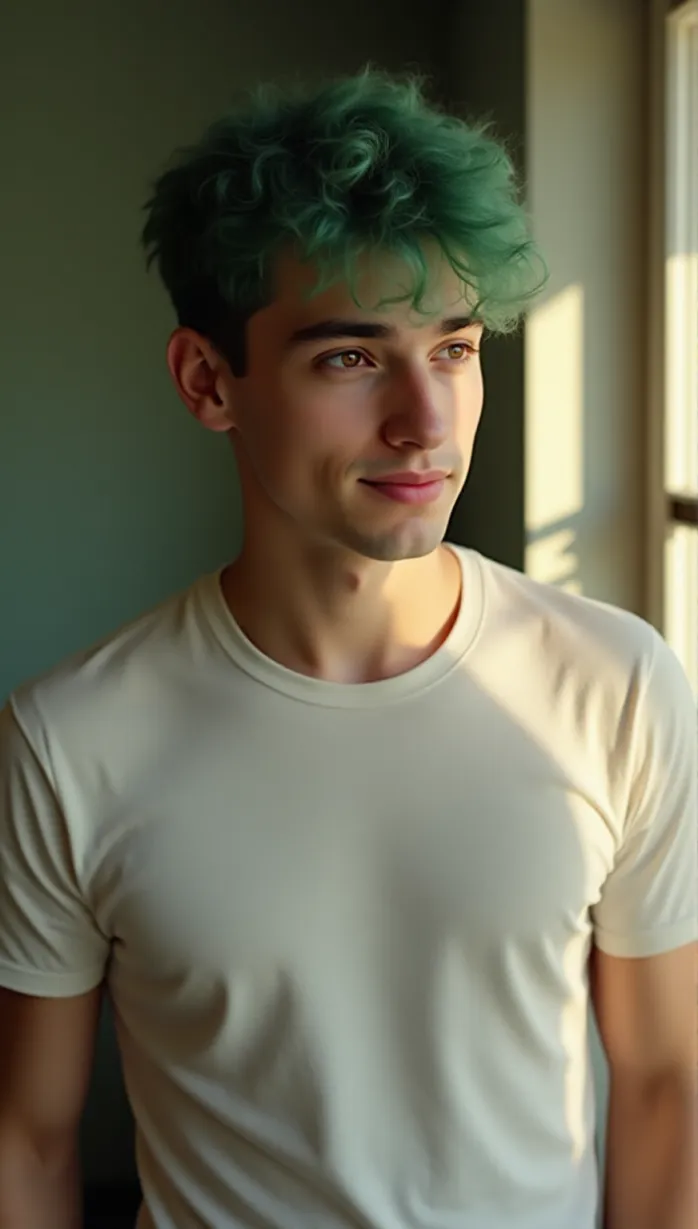 Image male, teen, green hair, hazel eyes, fair skin, athletic build, wearing a white t-shirt, standing in front of a window, looking away, smiling, sunlight, indoor, masterpiece, best quality, detailed, highres, seductive, provocative, tempting, alluring