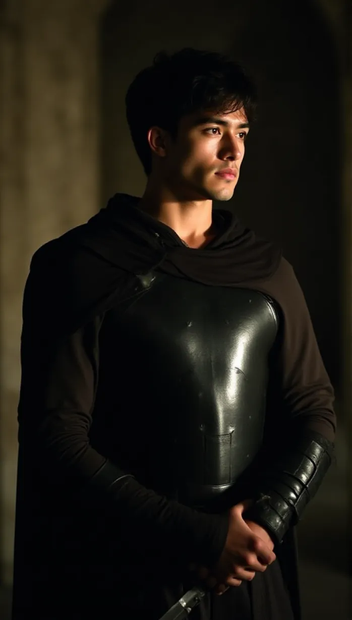 Image male, young_adult, short hair, black hair, brown eyes, muscular, armored chest, dark tunic, leather pants, holding sword, stern look, looking away, dramatic lighting, night, castle interior, masterpiece, best quality, detailed