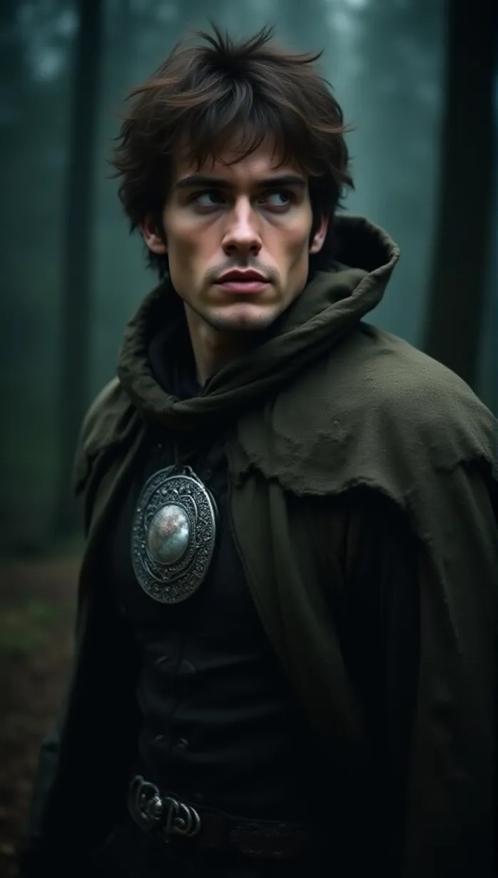 Image male, mid-adult, muscular build, messy hair, brown hair, red eyes, fair skin, wearing a tattered cloak, forest background, low angle, looking away, mysterious aura, holding a silver amulet, moonlight, detailed, masterpiece, best quality, seductive expression, dark, fantasy art