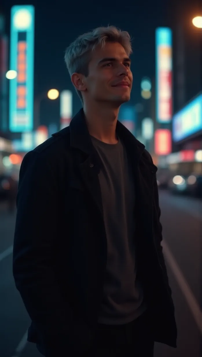 Image male, young adult, grey hair, casual outfit, smirk, hands in pockets, city at night, neon lights, detailed, masterpiece, best quality, seductive pose, looking away