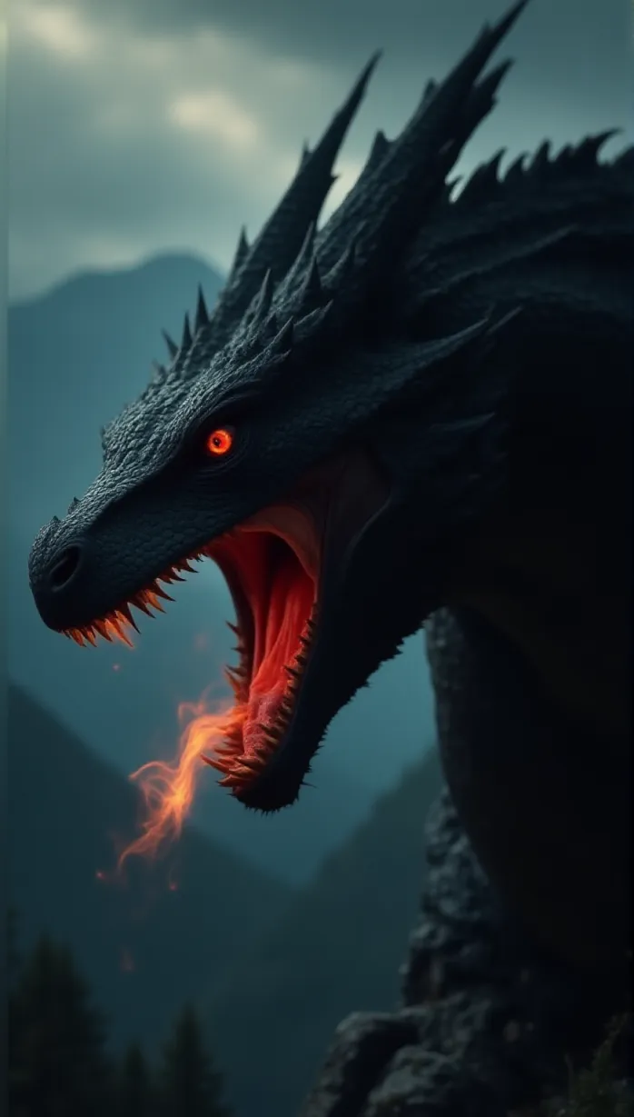 Image male, dragon, mature, detailed scales, obsidian black, powerful build, sharp claws, side view, soaring through the air, fiery breath, dark red eyes, menacing expression, dramatic lighting, twilight sky, mountainous landscape, masterpiece, best quality, dynamic pose, high detail