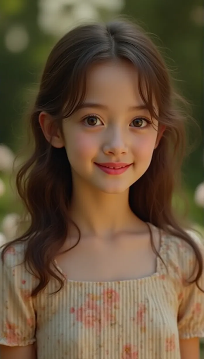 Image 1girl, young_adult, male,  pale skin, long eyelashes, pink lips, feminine,  long wavy hair, brown hair,  innocent,  cute, soft smile, looking away, upper body, floral blouse,  pastel color scheme,  warm lighting,  daylight,  garden, flowers, masterpiece, best quality, detailed