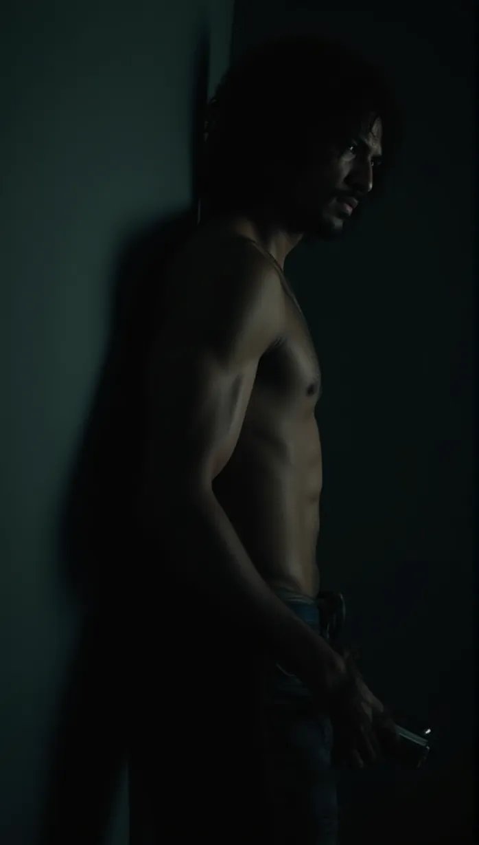 Image male, masterpiece, best quality, detailed, intimidating, side view, black hair, dark skin, muscular build, tattered clothing, shadows, low angle, mysterious aura, intense gaze, holding a weapon, challenging pose, night, dark environment, dramatic lighting, ominous background