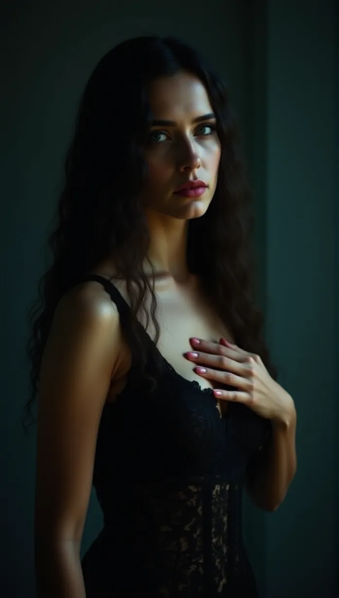 Image masterpiece, best quality, detailed, female, young_adult, long hair, brown hair, blue eyes, pale skin, slender body, intricate dress, dark colors, seductive pose, looking away, hand on chest, twilight, Ahklan environment, mysterious atmosphere, soft lighting, fantasy setting, solo, solo focus, tempting, beauty, captivating
