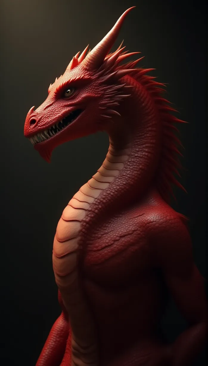 Image male, dragon, colossal, red scales, powerful physique, intimidating posture, curved horns, sharp claws, fiery breath, side profile, looking away, dramatic lighting, detailed scales, best quality, masterpiece