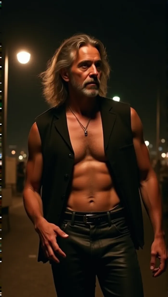 Image male, old, looking away, long hair, messy hair, golden eyes, fair skin, slim body, shirtless, open vest, leather pants, lute, city at night, street lamp, dramatic lighting, anxious, thoughtful, masterpiece, best quality, detailed