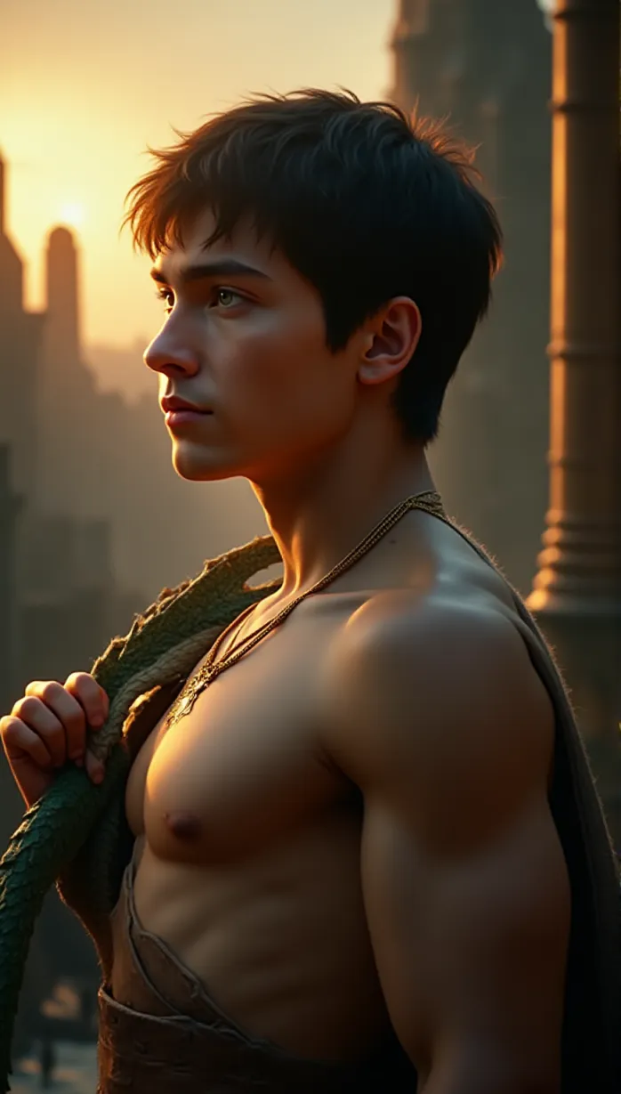 Image male, young_adult, short hair, black hair, green eyes, fair skin, muscular, shirtless, gold necklace, leather armor, holding a dragon scale, looking away, confident, dramatic lighting, sunrise, castle ruins, detailed, masterpiece, best quality