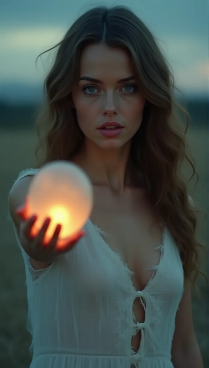 Image female, young adult, long brown hair, blue eyes, pale skin, slender body, alluring gaze, wearing a torn white dress, holding a glowing orb, reaching out, soft lighting, dusk, mysterious atmosphere, alien landscape, detailed, masterpiece, best quality