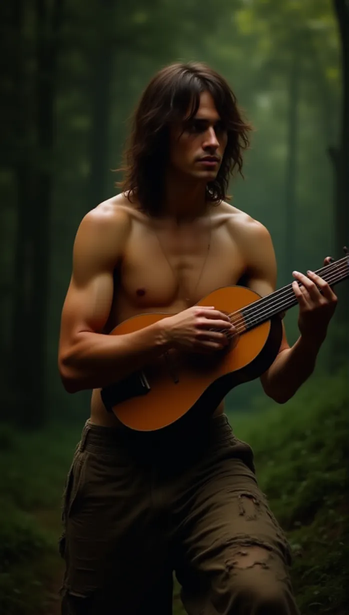 Image male, young_adult, long hair, messy hair, tan skin, athletic build, shirtless, ripped clothes, torn pants, lute, looking away, playing lute, seductive smile, dramatic lighting, forest, detailed, masterpiece, best quality