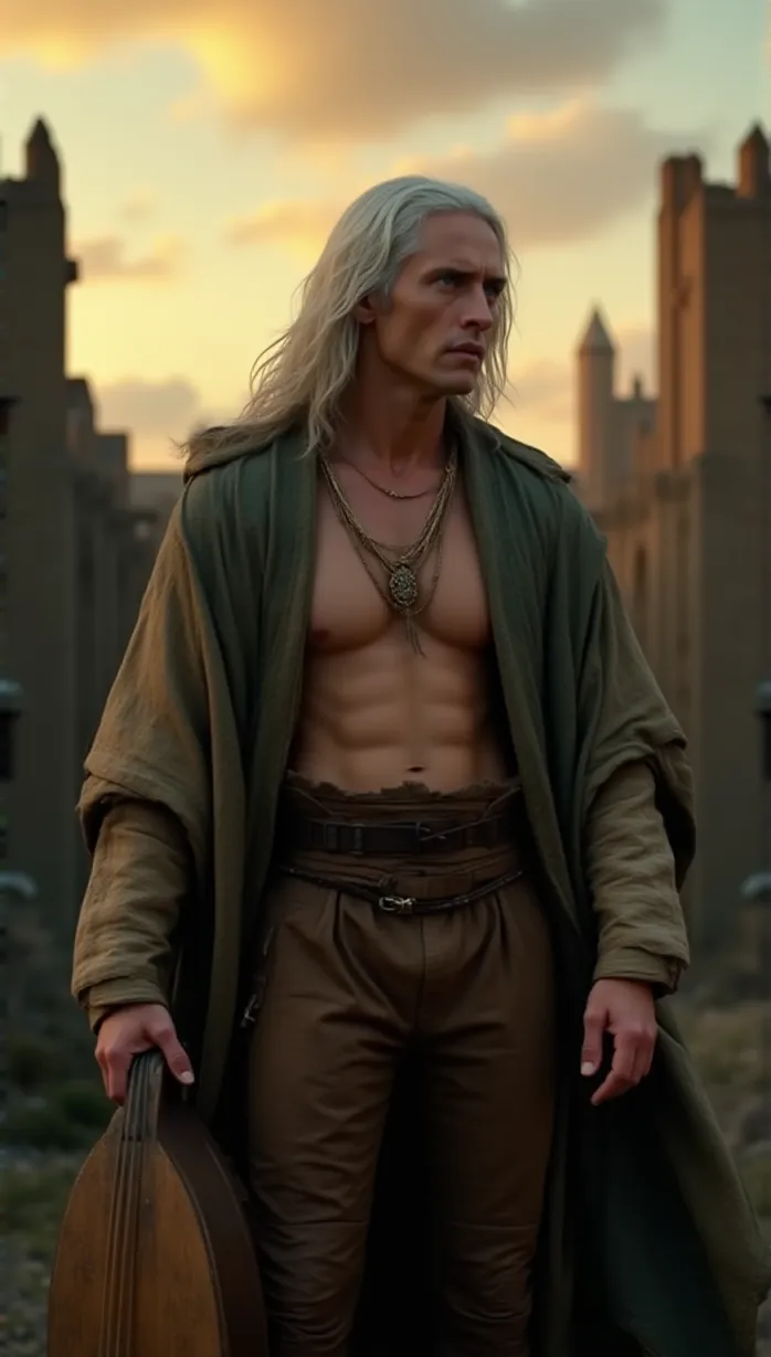 Image male, old, long white hair, blue eyes, pale skin, slim build, lute, tattered tunic, brown leather pants, gold necklace, looking away, yearning expression, arms outstretched, sunset, castle ruins, detailed, masterpiece, best quality, intricate details, seductive pose