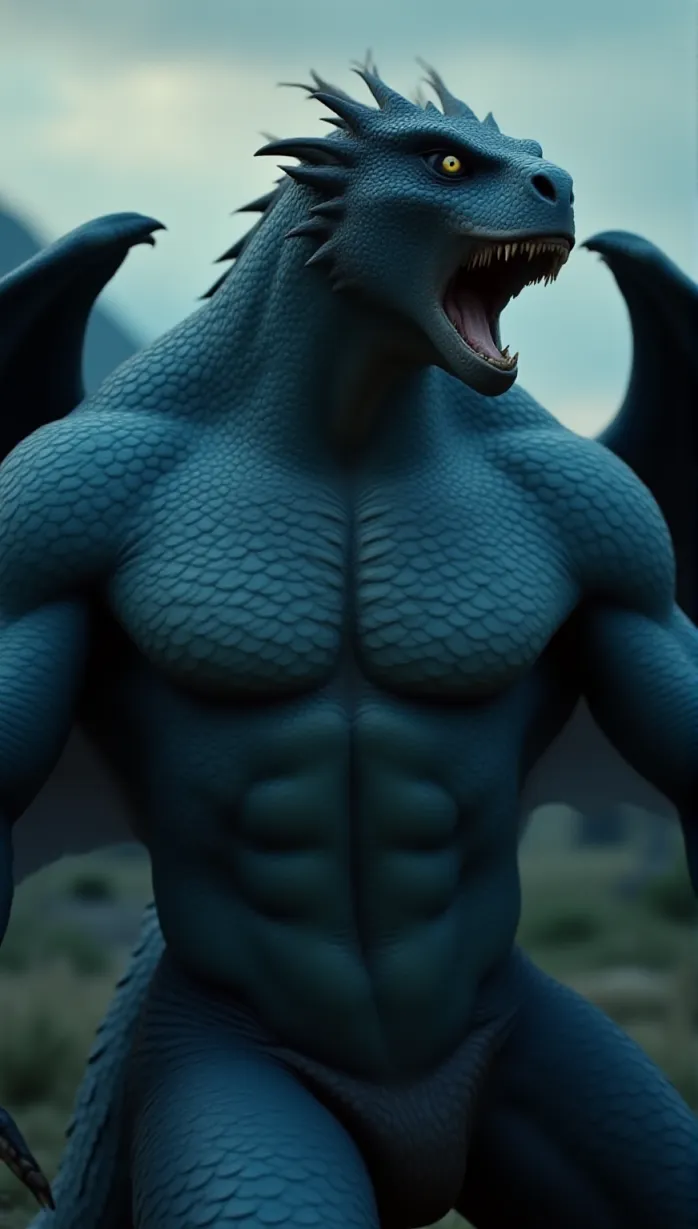 Image male, dragon, blue skin, muscular, scales, looking away, dynamic pose, wings, powerful build, intimidating, dramatic lighting, dusk, mountain peak, detailed, masterpiece, best quality, golden eyes, sharp claws, seductive, upper body, sharp teeth