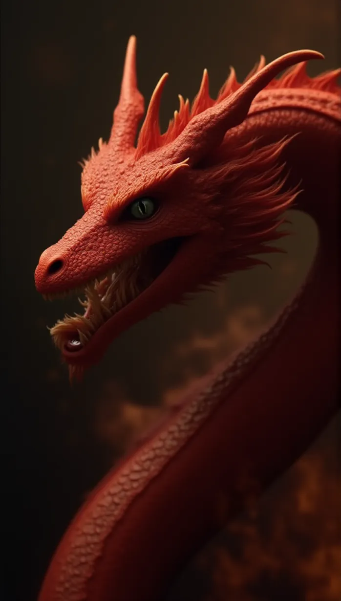 Image male dragon, red scales, side view, sharp claws, majestic pose, looking away, fierce expression, intricate details, fire breathing, dynamic pose, detailed scales, dramatic lighting, fantasy setting, masterpiece, best quality, detailed