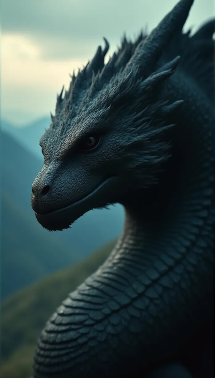 Image male, old, dragon, scales, giant, muscular, looking away, intense gaze, sharp claws, large wings, detailed, masterpiece, best quality, dynamic pose, intimidating aura, dramatic lighting, twilight, mountain range, clouds, epic scale, temptation, desire, lust, seductive, alluring, captivating