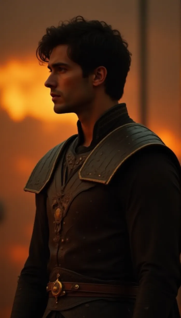 Image male, young_adult, dark_hair, side_view, looking_away, muscular_build, regal clothing, golden accents, detailed armor, challenging pose, holding a sword, fire at the background, dynamic lighting, sunset, masterpiece, best quality, detailed