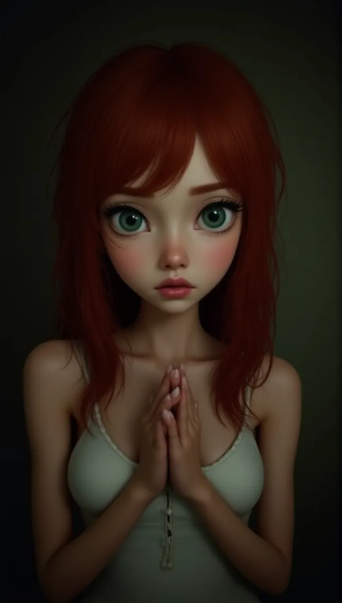 Image detailed, masterpiece, best quality, temptress, upper body, shy, redhead, red cotehardie, pale skin, green eyes, looking away, nervous, intimidated, hands clasped, Ahklan, day, soft lighting, mysterious aura, detailed background