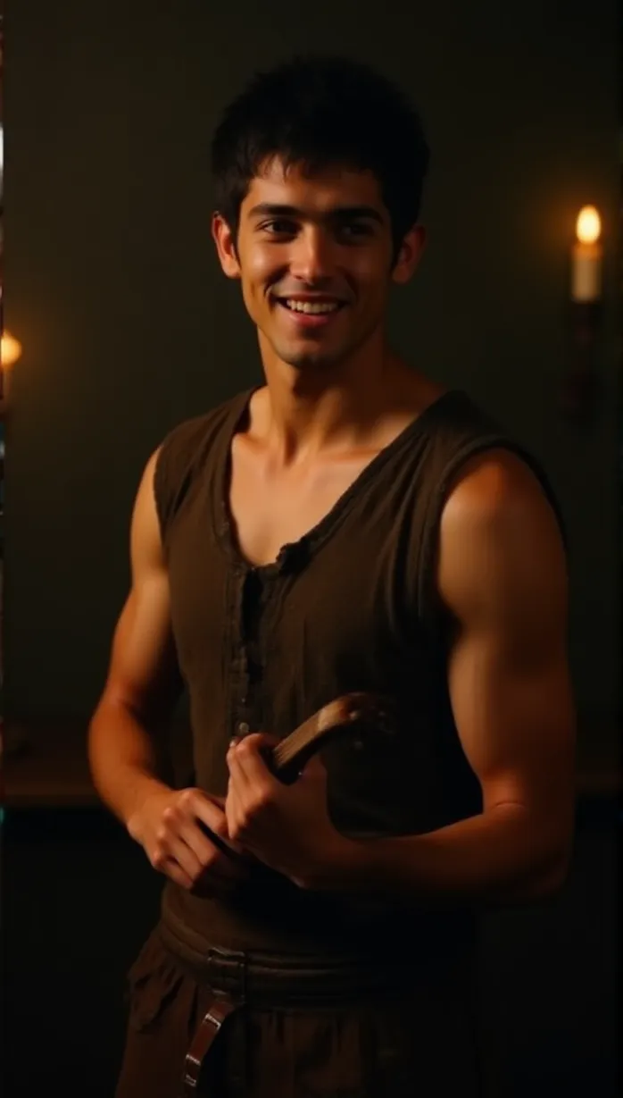 Image male, young adult, short black hair, fair skin, athletic build, wearing a tattered tunic and leather pants, lute in hand, looking to the side with a smirk, teasing, suggestive pose, standing in a dimly lit tavern, candlelight, detailed, masterpiece, best quality