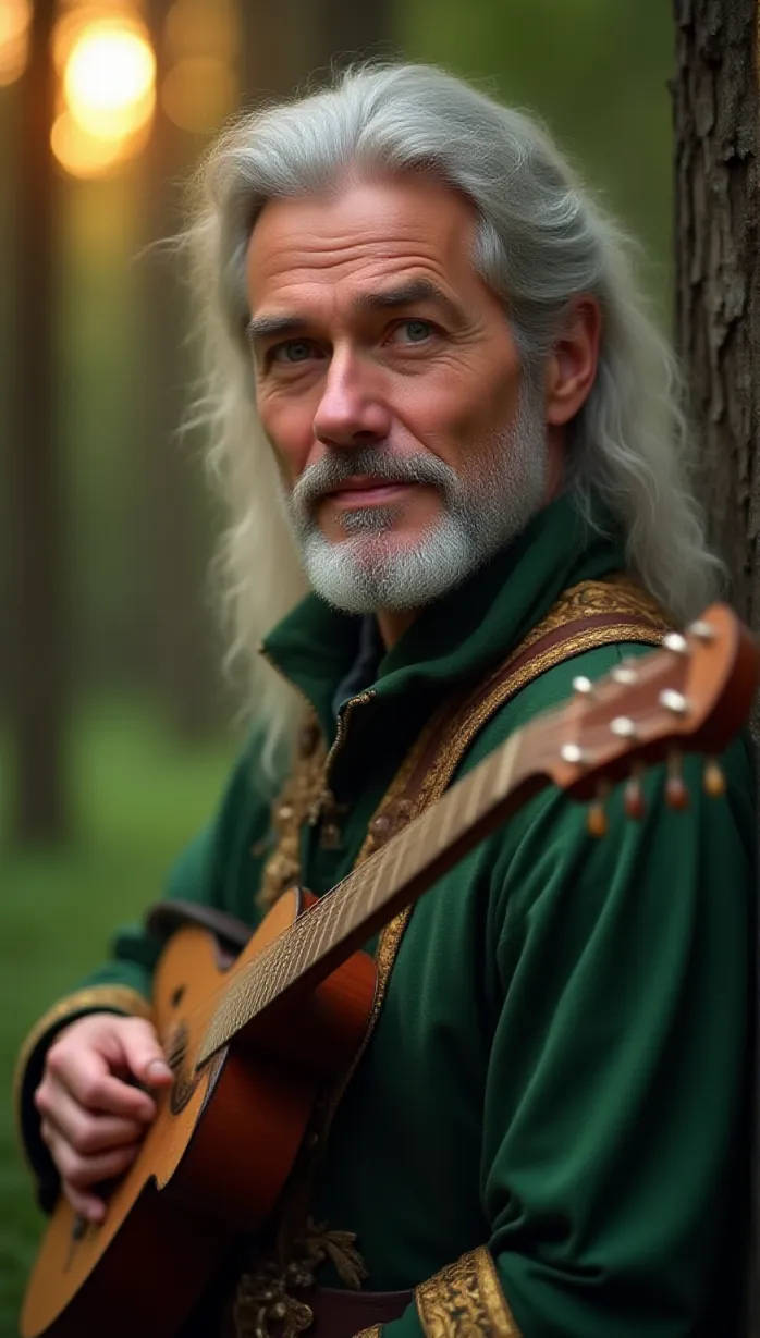 Image male, old, handsome, silver hair, long hair, blue eyes, fair skin, muscular build, minstrel outfit, lute, green and gold color scheme, smirk, confident, leaning against a tree, forest, sunset, detailed, masterpiece, best quality
