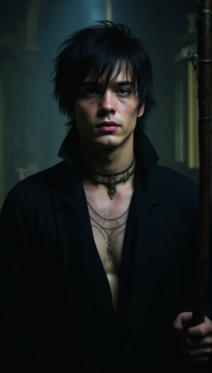 Image male, young adult, sorcerer, black hair, messy hair, piercing eyes, pale skin, muscular build, open black robe, ornate collar, mystical staff, intricate details, seductive gaze, holding staff, dark magic portal, dramatic lighting, night, detailed background, masterpiece, best quality, detailed