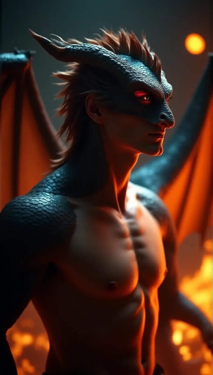 Image male, dragon, red eyes, scales, detailed wings, muscular, upper body, looking away, seductive pose, dramatic lighting, fire, epic scale, masterpiece, best quality, detailed, highres