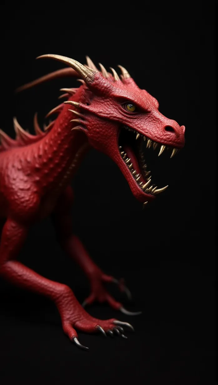 Image male, red dragon, giant, intimidating, looking away, scales, claws, sharp teeth, fiery breath, powerful, majestic, detailed wings, strong physique, dynamic pose, dramatic lighting, dark background, masterpiece, best quality, detailed