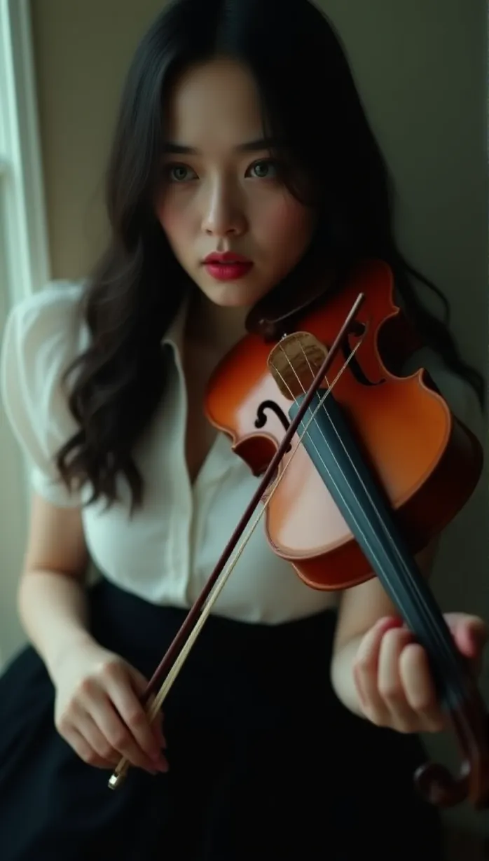 Image solo, female, young_adult, long hair, black hair, green eyes, fair skin, slim body, music academy uniform, black skirt, white blouse, holding a violin, looking away, seductive, pensive, soft lighting, indoor, detailed, masterpiece, best quality