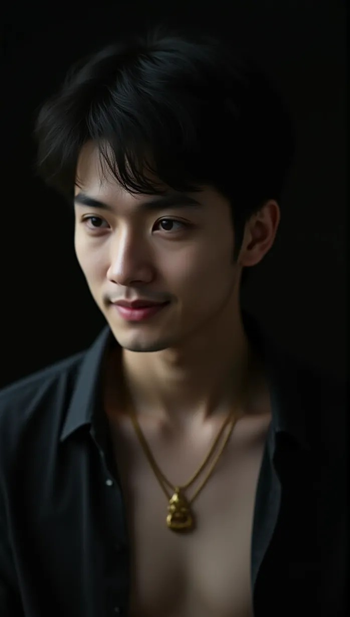 Image male, mid-adult, detailed eyes, black hair, slight smile, looking away, upper body shot, open shirt, gold necklace, dark lighting, seductive atmosphere, mysterious, masterpiece, best quality, detailed