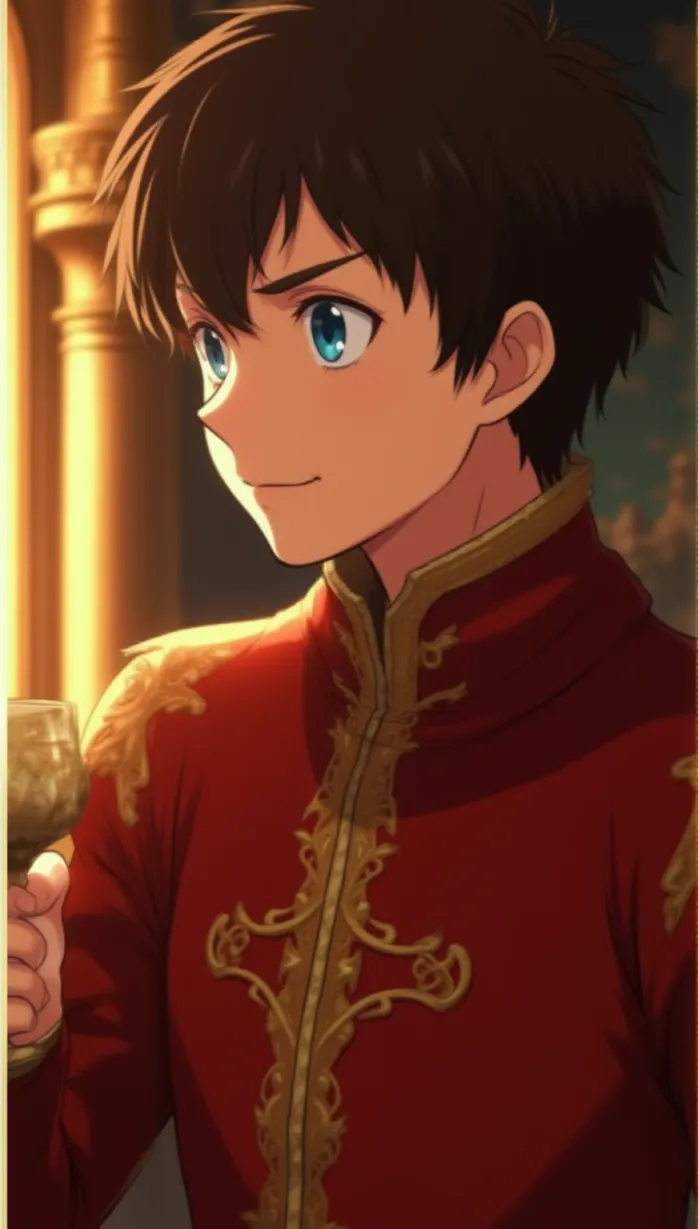 Image male focus, upper body, teen, arrogant expression, white skin, short brown hair, blue eyes, noble clothing, red and gold color scheme, holding a goblet, slight smile, looking away, evening sunlight, castle interior, detailed, masterpiece, best quality, anime