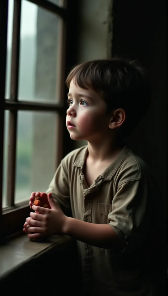 Image male, child, short hair, looking away, pale skin, barefoot, wearing tattered clothes, torn shirt, playful, hopeful, reaching, holding marbles, window, orphanage, indoors, dusk, volumetric lighting, masterpiece, best quality, detailed
