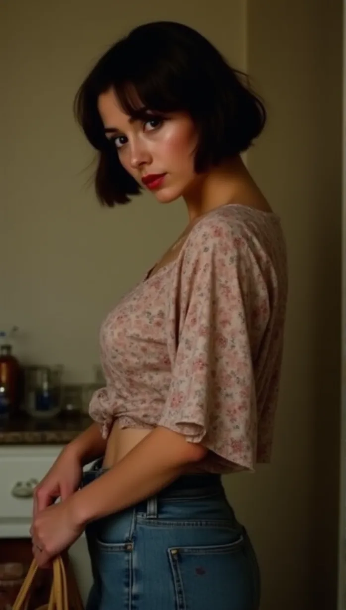 Image female, mid-adult, short brown hair, brown eyes, fair skin, average build, floral blouse, jeans, holding a grocery bag, thoughtful expression, side view, soft lighting, indoors, kitchen, detailed, masterpiece, best quality, seductive pose, tempting, sensual, provocatively