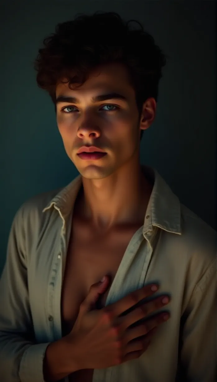 Image male, young adult, brunette hair, blue eyes, fair skin, muscular build, seductive, sensual, looking away, hands on chest, open shirt, black undershirt, studio lighting, soft light, masterpiece, best quality, detailed
