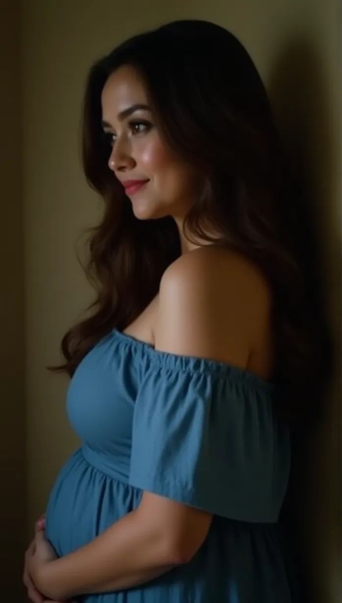 Image female, mid-adult, long hair, brown hair, light skin, curvy, off shoulder dress, blue dress, holding stomach, thoughtful, slight smile, side profile, indoors, soft lighting, masterpiece, best quality, detailed
