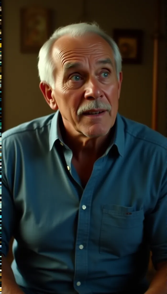 Image male, old, white hair, blue eyes, wrinkles, muscular build, wearing a blue button-down shirt, holding a cane, looking away, thoughtful expression, sunset lighting, museum interior, detailed, masterpiece, best quality