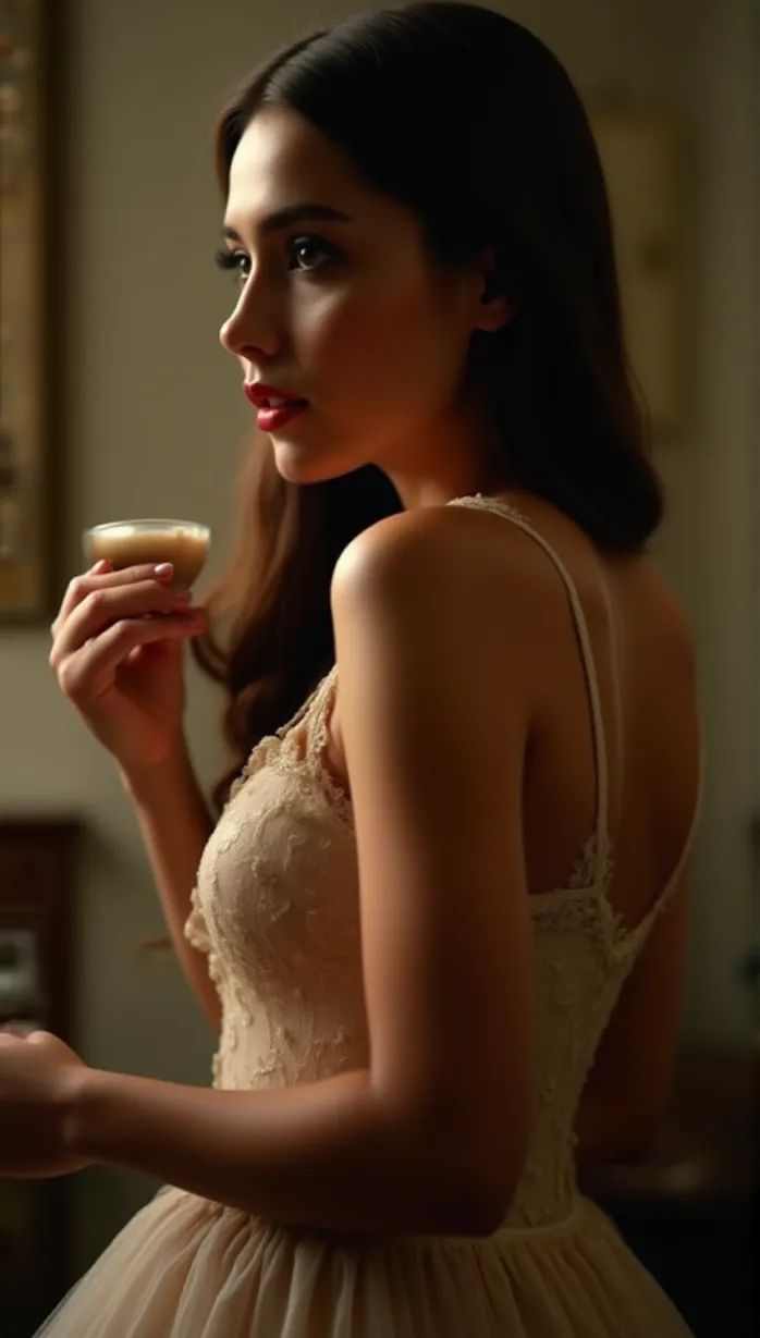 Image solo, female, mid_adult, long hair, brown hair, fair skin, hourglass figure, elegant dress, holding a cup, seductive pose, looking away, soft lighting, afternoon, cozy interior, masterpiece, best quality, detailed