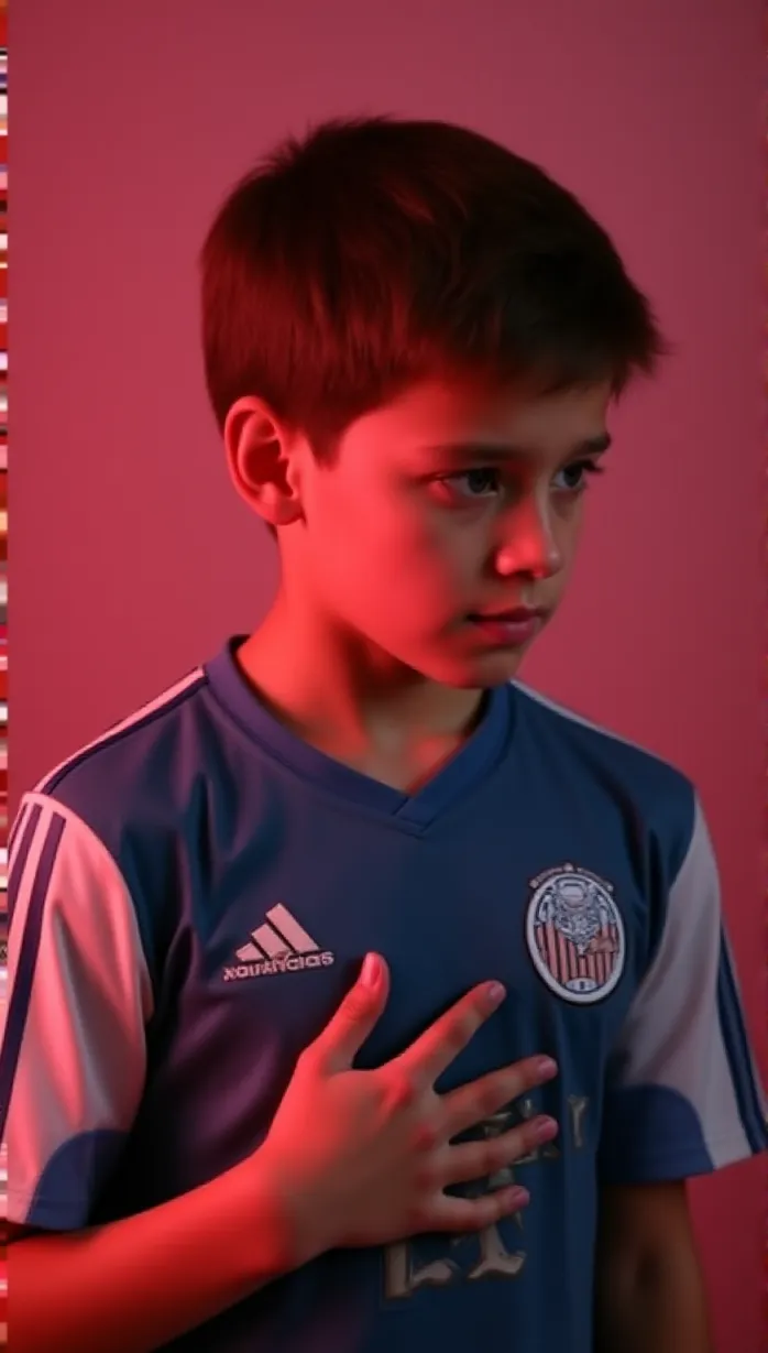 Image male, 9 years old, short brown hair, blue eyes, fair skin, athletic build, wearing a football jersey, looking away, hand on chest, desperate, pink room, dramatic lighting, masterpiece, best quality, detailed