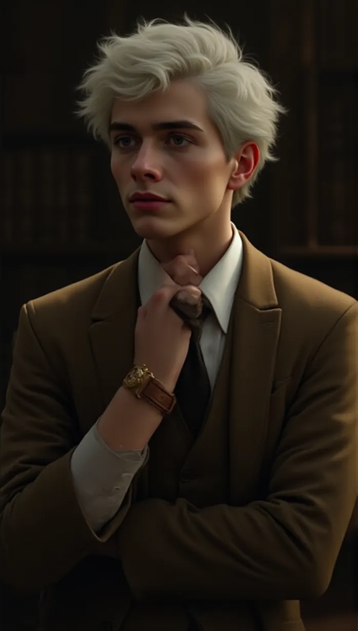Image upper body, male focus, young_adult, white hair, side glance, pale skin, slim build, formal suit, brown vest, gold watch, thinking, intrigued, messy hair, afternoon sunlight, library, detailed background, masterpiece, best quality, detailed