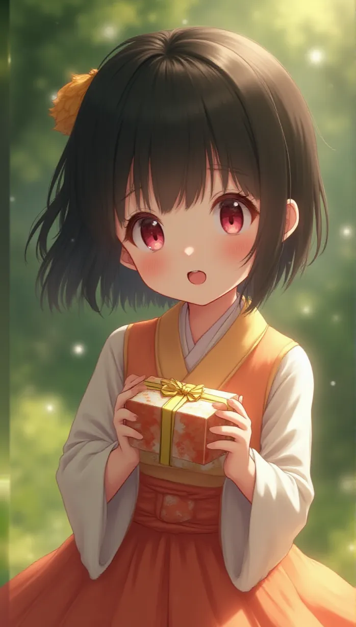Image female, child, white skin, short hair, black hair, pink eyes, traditional japanese dress, looking away, playful, happy, holding a birthday present, sunlight, daytime, garden, masterpiece, best quality, detailed