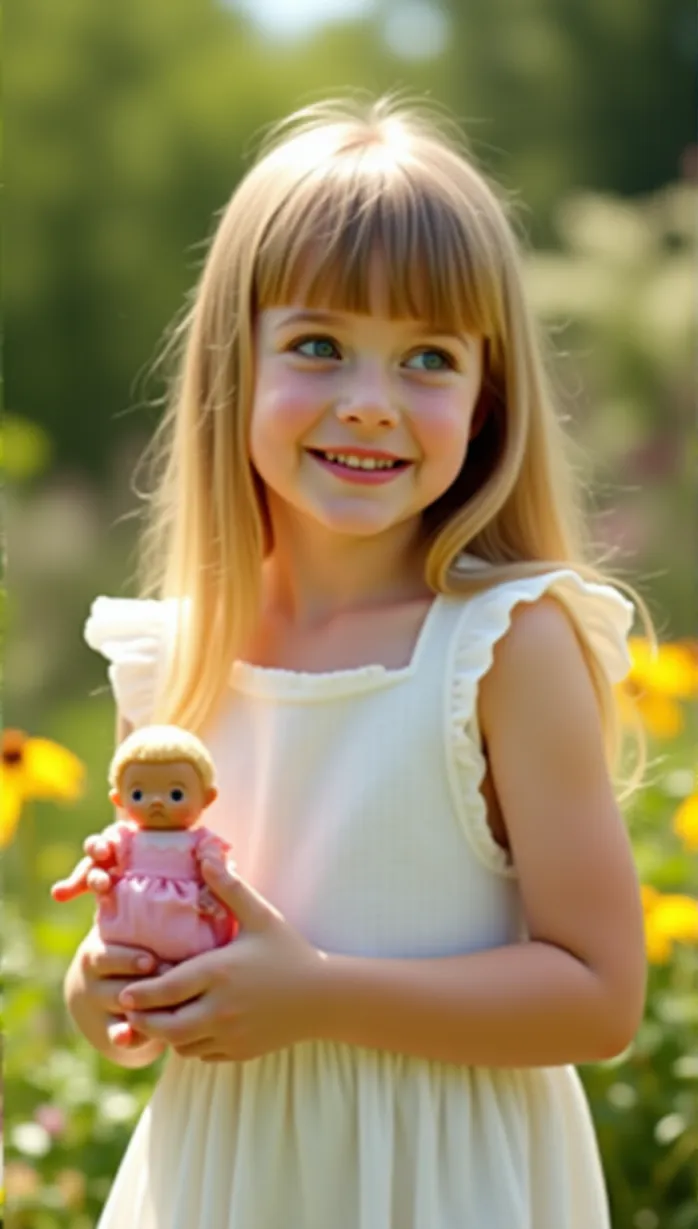 Image masterpiece, best quality, detailed, solo, looking away, child, female, 4 years old, long hair, blonde hair, blue eyes, fair skin, slender, sundress, white dress, apron, holding doll, playing house, happy, smiling, afternoon, sunlight, garden, flowers, shallow depth of field, soft lighting, innocent, pure, adorable, charming, delightful, inviting, cute