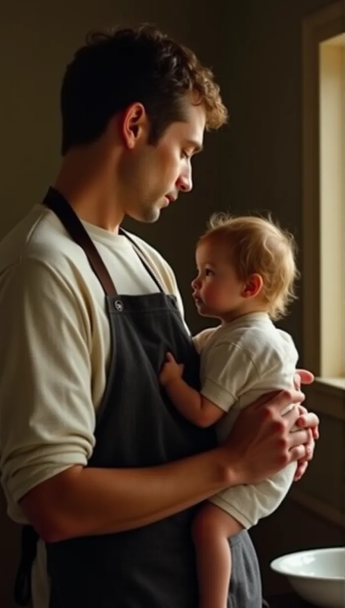 Image male, mid-adult, short hair, neutral expression, holding a child, apron, kitchen, indoor, detailed, masterpiece, best quality, warm lighting, looking away, temptation, gentle touch, caring, fatherly