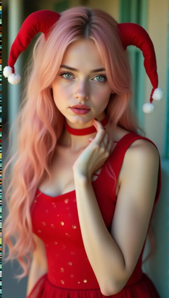 Image female, young_adult, long hair, pink hair, blue eyes, fair skin, slender, jester outfit, red and white color scheme, playful expression, seductive pose, looking away, reaching, school, daytime, detailed, masterpiece, best quality
