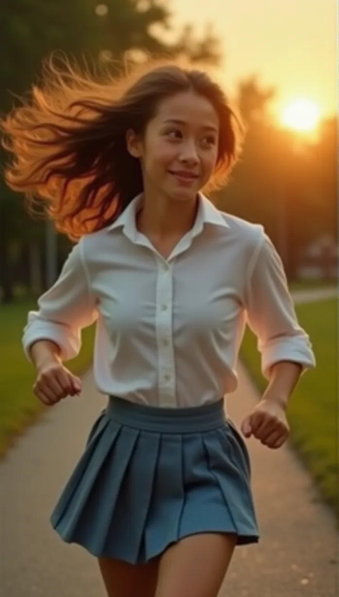 Image female, teen, brown hair, brown eyes, fair skin, slender body, school uniform, white shirt, blue skirt, knee socks, looking away, running, mischievous smile, sunset, park, trees, masterpiece, best quality, detailed, dynamic pose, playful, temptation, upper body