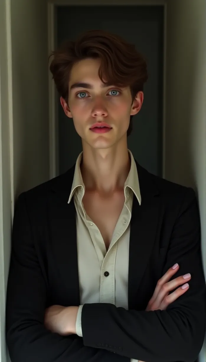 Image male, 17 years old, brown hair, blue eyes, pale skin, slender build, button up shirt, open jacket, looking away, arms crossed, standing, indoor, soft lighting, detailed, masterpiece, best quality, seductive, temptation
