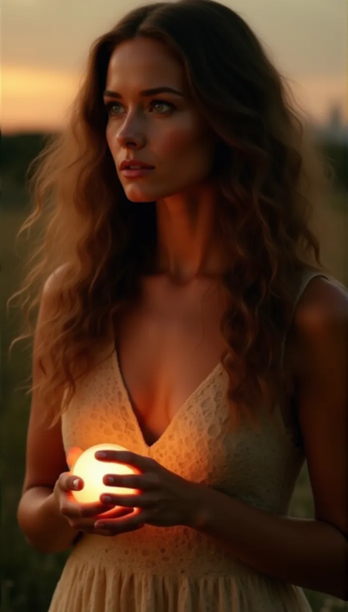 Image solo, female, young adult, long wavy brown hair, blue eyes, fair skin, slender body, intricate dress, exposed shoulders, holding a glowing orb, looking to the side, hopeful expression, soft lighting, sunset, fantasy landscape, masterpiece, best quality, detailed