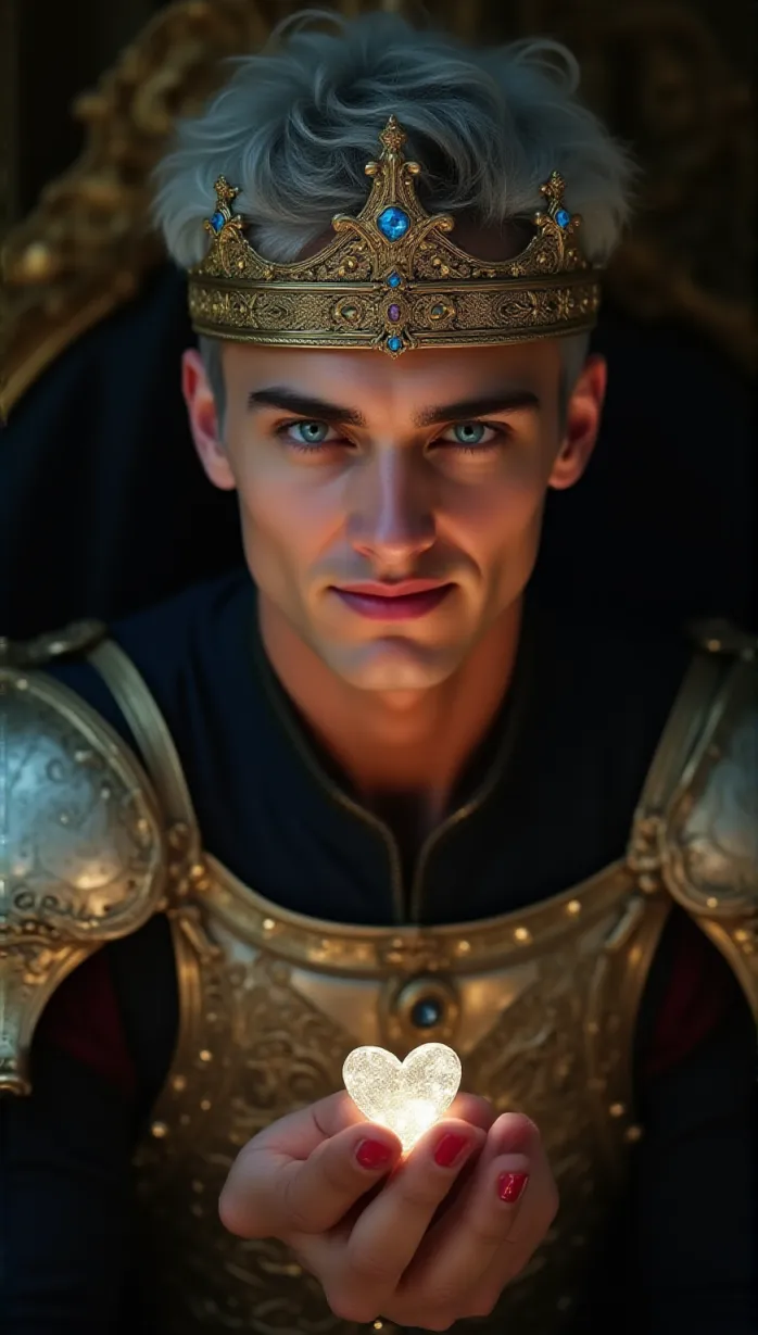 Image male, young_adult, muscular, silver hair, short hair, blue eyes, tanned skin, ornate armor, royal attire, crown, holding Xrès diamond, smirk, intense gaze, dramatic lighting, throne room, masterpiece, best quality, detailed, seductive