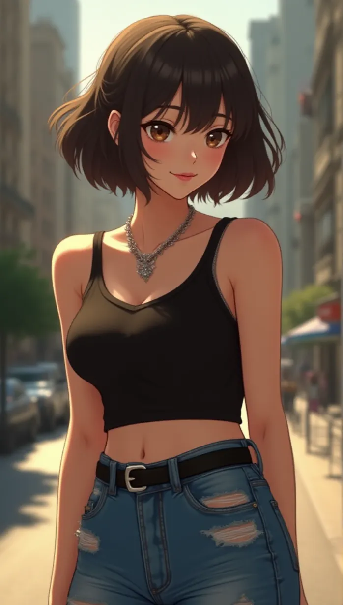 Image female, young_adult, short hair, brown eyes, fair skin, slender body, black crop top, blue ripped jeans, silver necklace, seductive smile, looking away, hand on hip, sunlight, afternoon, urban setting, masterpiece, best quality, detailed, anime